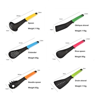 Multi colored cooking spoon set. Comes with a 360degree rotating hanging rack