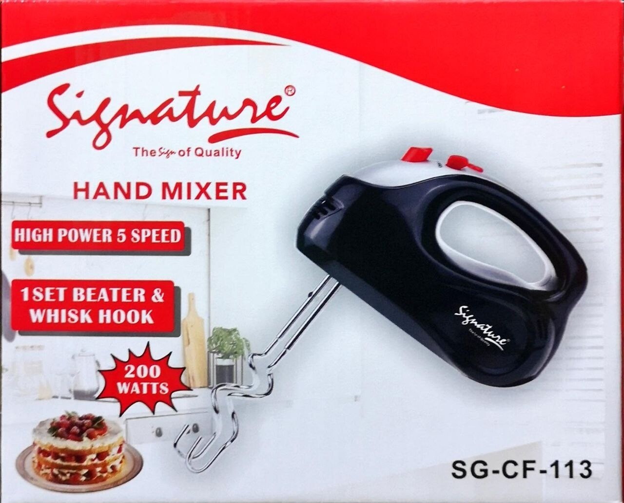 Signature hand mixer for all your cooking tasks: Beating, Mixing, Whisking ,Blending, Mashing with high quality stainless-steel attachments. 2 Detachable Beaters & Whisker / DoughSG-CF-113