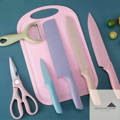 Evcriverh 7pc Corrugated multicolored kitchen knife set with chopping board