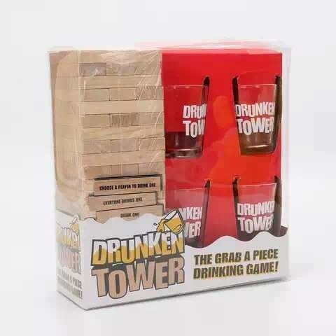 Drunken tower Jenga game. Comes with 4 shot glasses