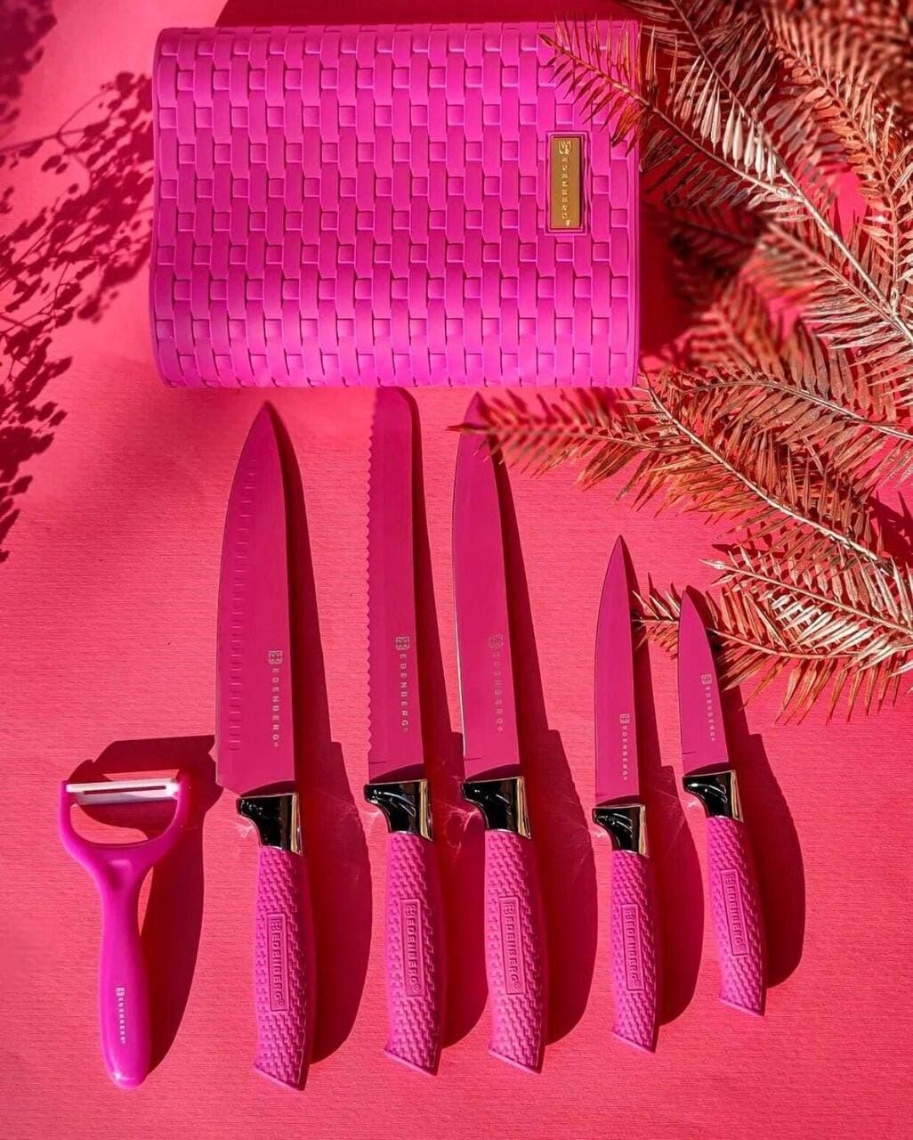 Edenberge 7pcs Knife Set with Rubber Stand & Rubber Handle In 3 Colors : Yellow, Pink, White + COLOURED BLADE EB-11025
