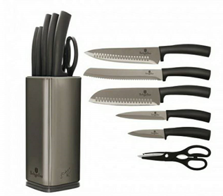 Edenberg 7pcs Knife Set with Black Rubber Handle, SS Stand & Blade In Matching Color Grey EB-11026