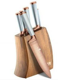 Edenberg 7pcs Knife Set with Titanium Blade, Acacia Wooden Block, SS w/Rubber Handle In Color LT.Blue EB-11029