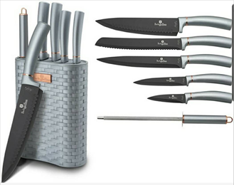 Edenberg 7pcs Knife Set with Rubber Handle &amp; Block In 3 Colors : LT. Blue, DK. Blue, DK.Green + BLACK BLADE EB-11028