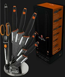 Edenberg 9pcs Knife Set with Acrylic Stand, Rubber Handle In 2 Colors : Grey w/Black Logo, Black w/Orange LogoEB-11063