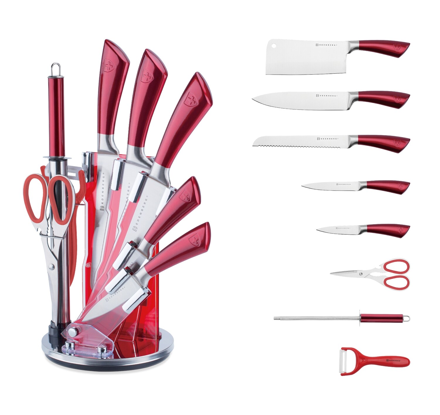 Edenberg 9pcs Knife Set with Acrylic Stand Red Soft Touch Hand w/Peeler EB-3616