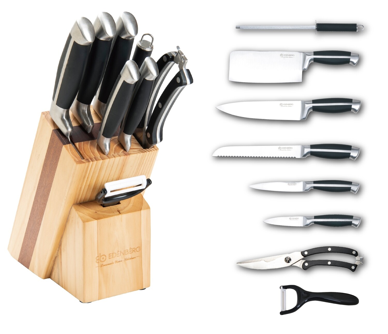 Edenberg Stainless Steel Kitchen 9pcs Knife Set with C Hollow Rubber Handle, Pinewood + Sapele Wood Block EB-3612
