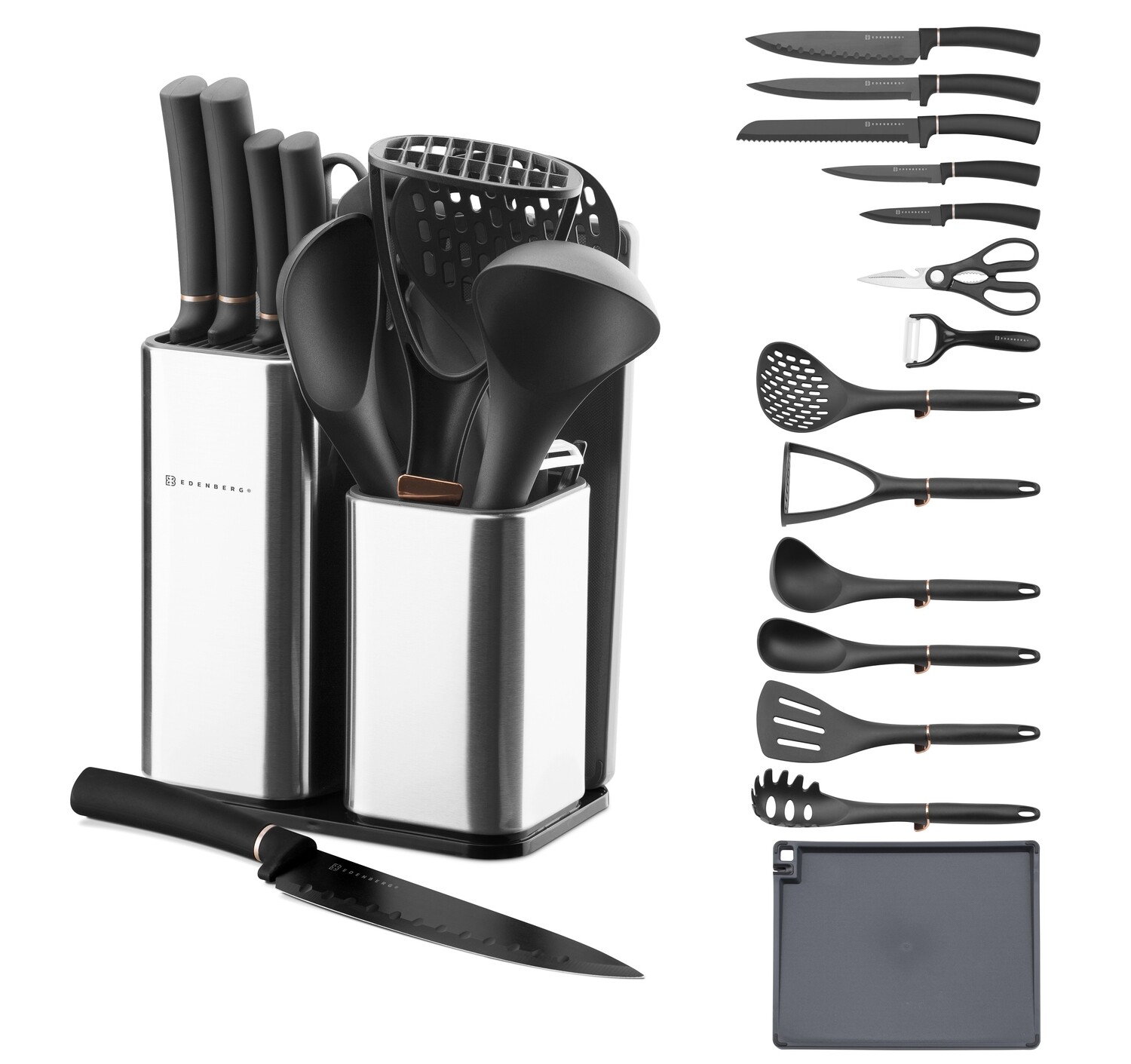 Edenberg 15pcs Set Of 5pcs Knives + 6pcs Kitchen Tools + 1pc Scissor & Peeler, Cutting Board, SS Block EB-3615