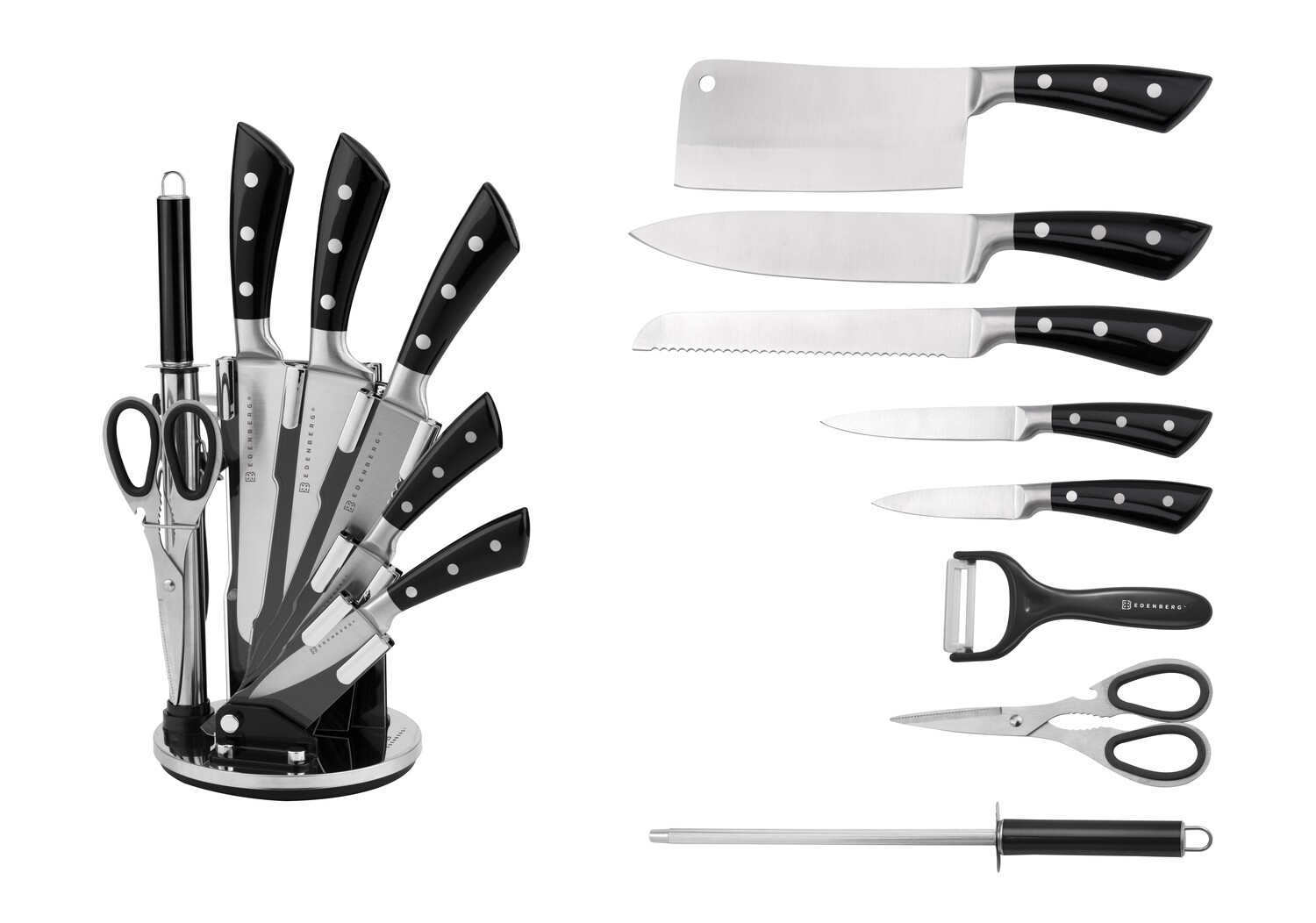 Edenberg 9pcs Knife Set with Acrylic Stand, Rubber Handle w/3 Dots In 3 Solid Colors : Black, Red, Grey EB-3619