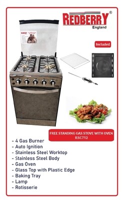 Redberry 4 gas cooker with gas oven stainless steel work top. Glass top 50x50cm RSC 712