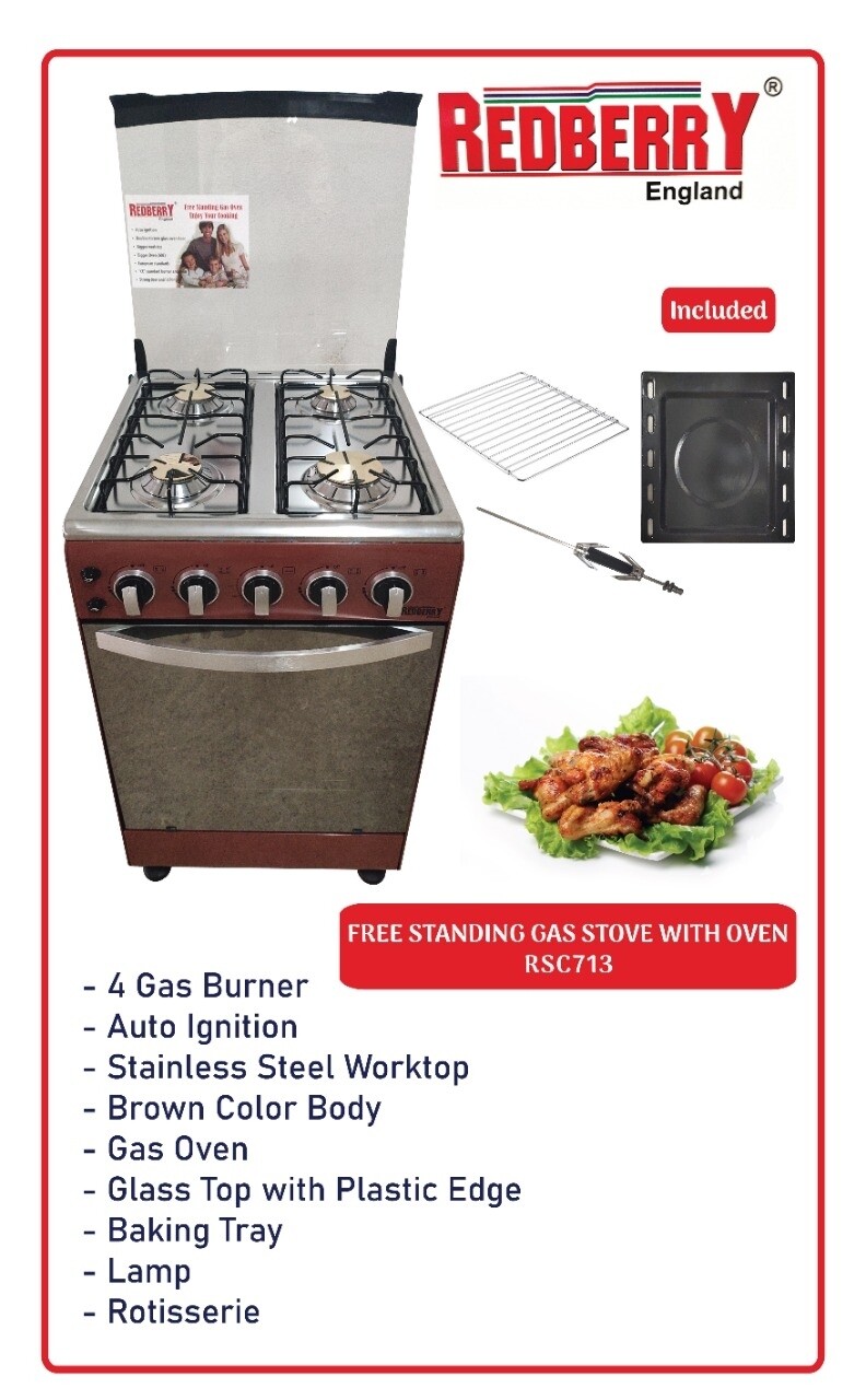 Redberry 4 gas cooker with gas oven stainless steel work top brown body color RSC 713