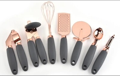 Grey and Rose Gold 7pc kitchen Tools cheese grater,peeler,pizza cutter,ice cream scoop,can opener,whisk,garlic press