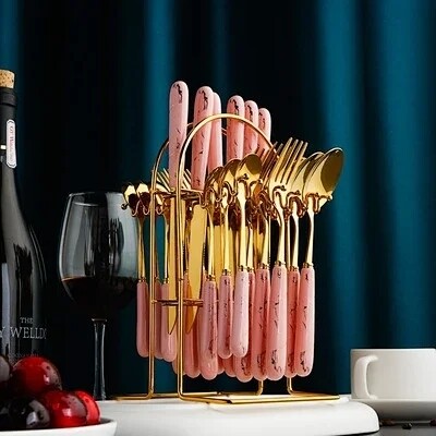 Nordic style stainless steel tableware 24pc spoons set many colors. cutlery set. pink