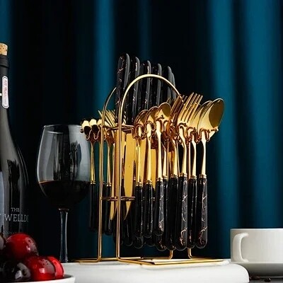 Nordic style stainless steel tableware 24pc spoons set many colors. cutlery set. BLACK