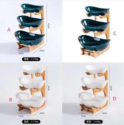 Fruit Bowl , Ceramic serving with Bamboo Wood Fruit Plate Racks for Vegetables, Snacks, Home, Kitchen and Office Food Presentation Fruits Dessert Ceramic Multilayer 3pc set serving bowls 14*24*32cm