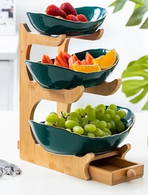 Ceramic Multilayer 3pc set serving bowls with wooden frame 14*24*32cm Ceramic Multilayer 3pc set serving bowls with wooden frame 14*24*32cm