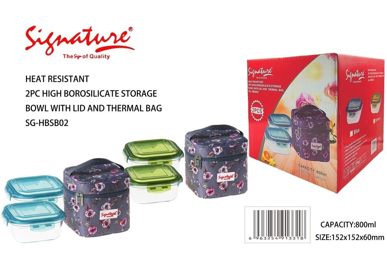 Signature glass Lunch Box 2pcs with plastic lid and thermal bag 800ml. HBS-B02