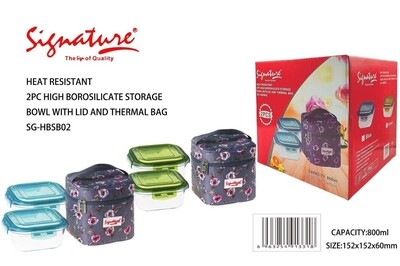 Signature high borosilicate glassware 2pcs lunch box with plastic lid and thermal bag 800ml. HBS-B02