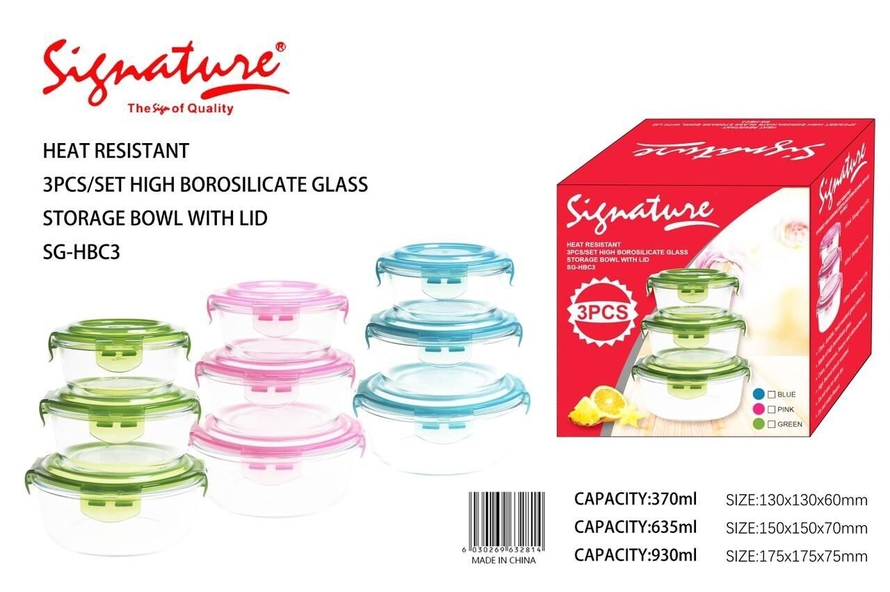 Signature heat resistant high borosilicate glass storage bowl with lid. 3pcs. 370ml, 635ml, 930ml SG-HBC3
