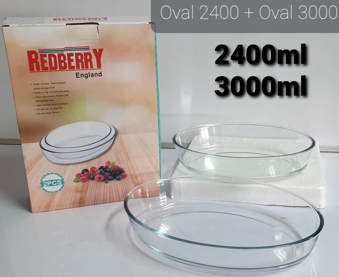 Baking Pan - Redberry Premium Borosilicate Glass Oval 2pc Set (2.4L & 3L): Oven and Microwave Ready