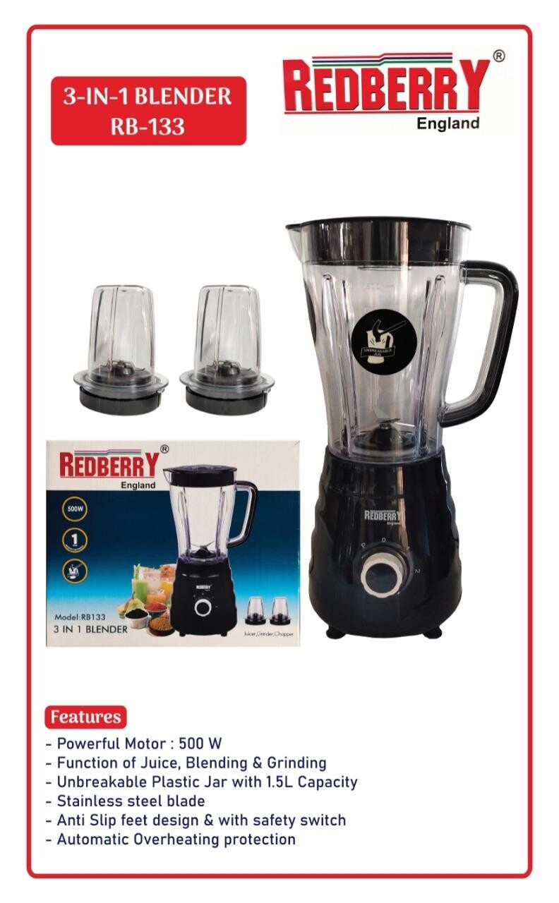 Redberry Blender 3 in One 500W with 1.5L Unbreakable Plastic Jar - Model RB133