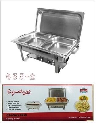 Signature chafing dish for catering 2 compartments 9L food warmer. Insert and oil jar spares sold at anko retail