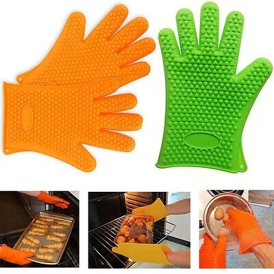 Heat resistant silicon oven gloves a pair . Orange. Green. Yellow