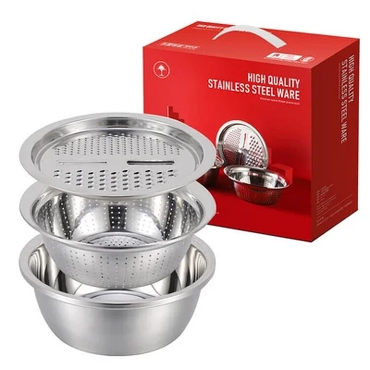 Stainless steel  3pc collander with mixing bowl and grater 305*305*124mm
