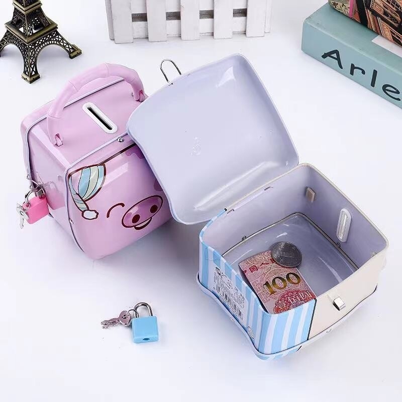 Square piggy bank with padlock &amp; 2keys.  Colours blue &amp;pink. Material metallic Size 11/10/9cm