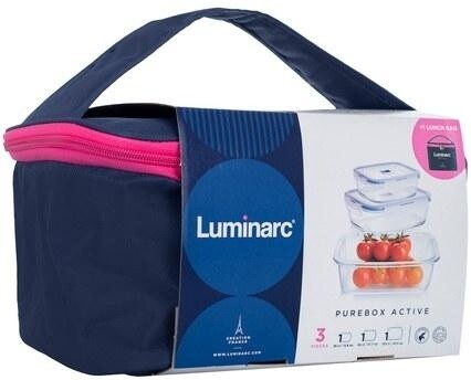 Luminarc Pure Box 3pc Set with Insulated Lunch Box Thermal Bag - Glass Storage 38cl/82cl/122cl in Blue