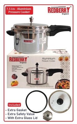 Redberry aluminium pressure cooker 7.5L. Comes with extra glass lid so can be used as sufuria