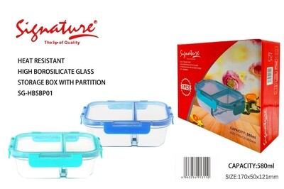 Signature high borosilicate glass partitioned lunch box 580ml SGH - HBSBP01