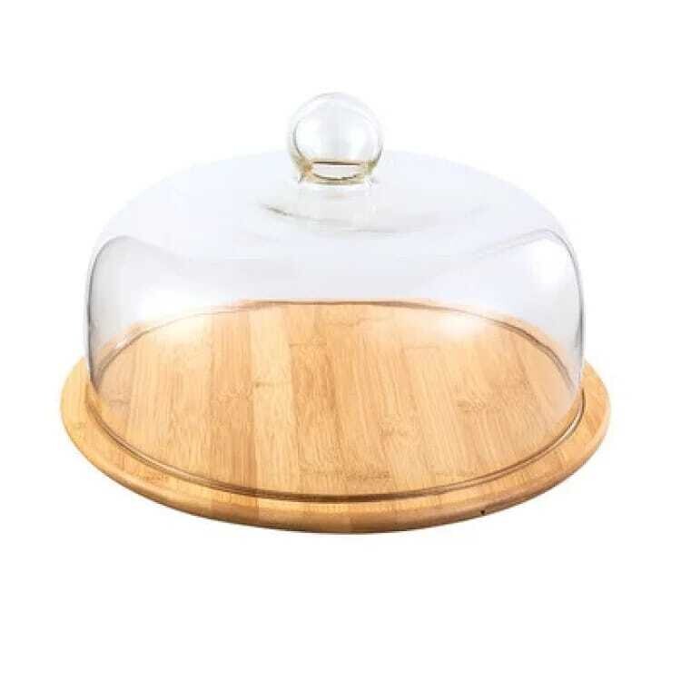 Garneck Dome Wooden Cake Stand, with Clear Glass cover 32cm (2.5kg) Cupcake Display Rack, Serving Tray Dish for Fruit Dessert