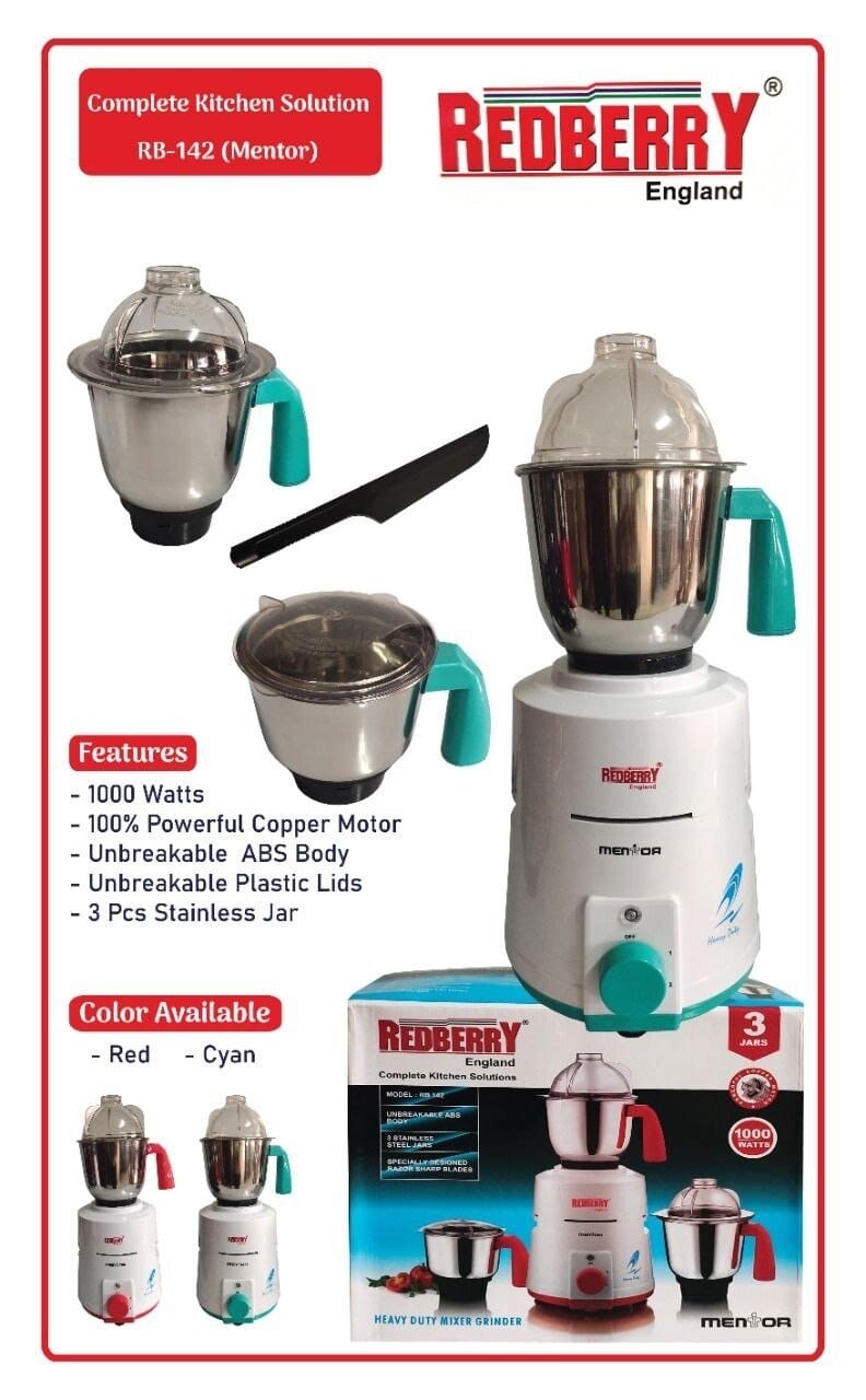 Redberry Mentor Power Blender. Heavy Duty Mix Heavy duty mixer/ grinder 1000W RB-142. Unbreakable ABS Body/Unbreakable lids 3pcs stainless jars.