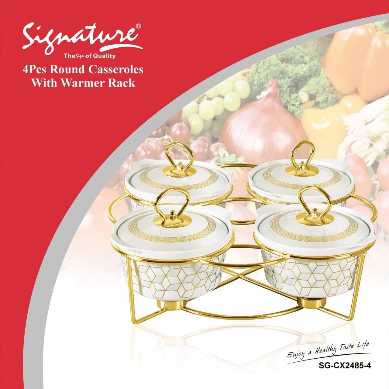 Signature 4pcs 7" round chafing dish set porcelain with warmer plates SG-2845-5 Food warmer. Unlike normal chafing dish, the bowls can be removed from the rack and passed around the dining table