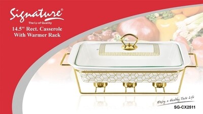 Signature 14.5" rectangular porcelain chafing dish with warmer plates (2.7L) CX-2511 Food warmer. Unlike normal chafing dish, the bowls can be removed from the rack and passed around the dining table