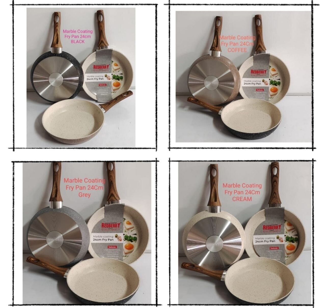 Redberry Non-Stick Fry Pan - Marble Coated 24cm (Model: RBNF 324)