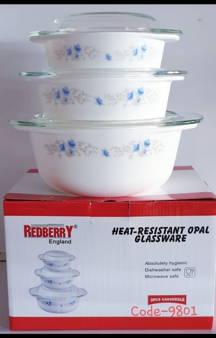 Serving Bowls Glass Casserole 3pc 1.5L 1L 0.7L Redberry Opal round Casserole set of 3 CODE 9801