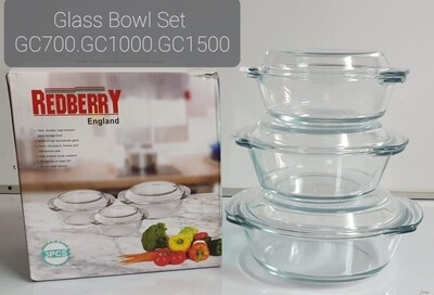 Redberry 3pcs glass casserole set 700ml 1L 1.5L with glass lid round