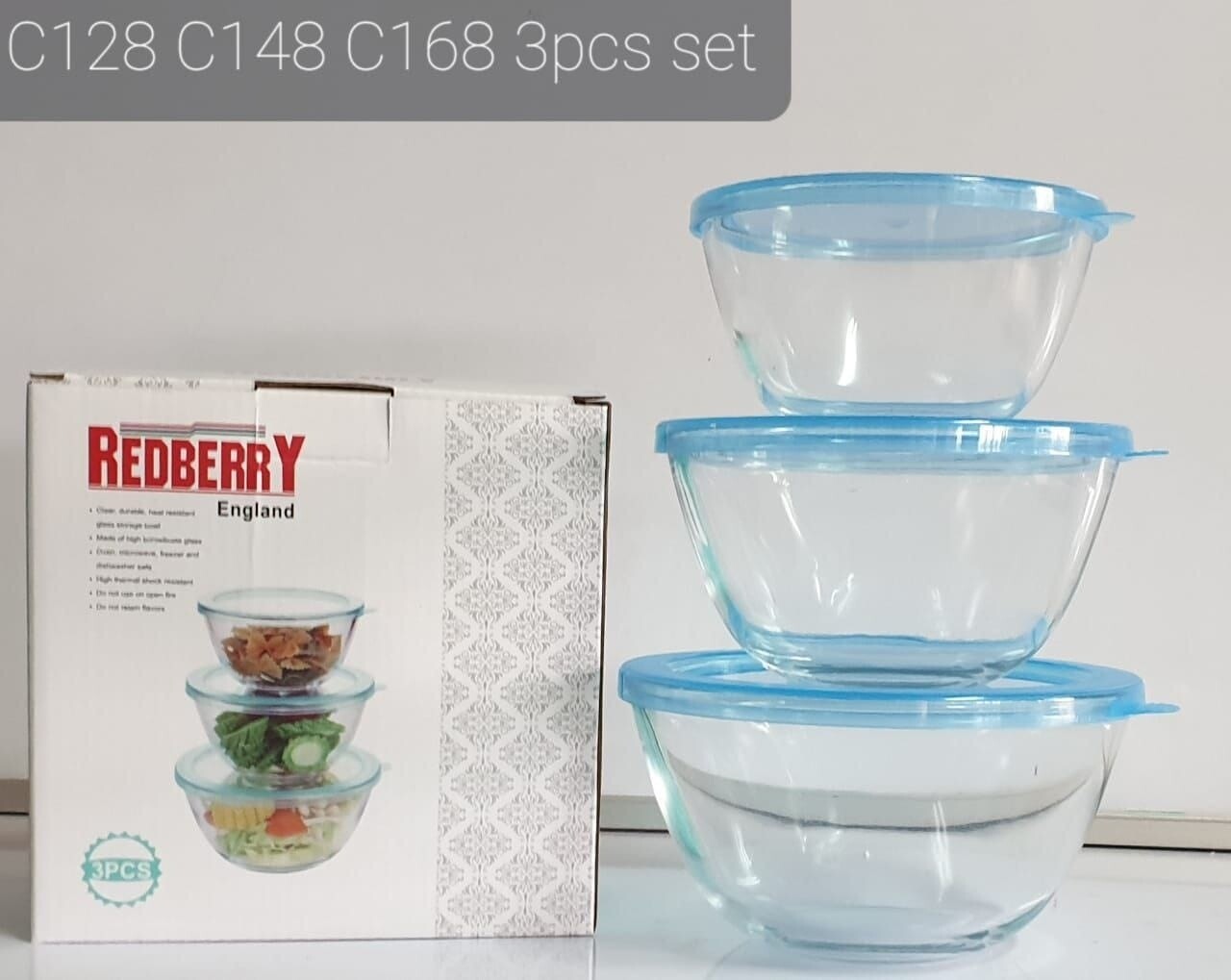 Redberry 3pcs glass casserole set with plastic lid. round. C128 C148 C168.375ml 625ml 1000ml