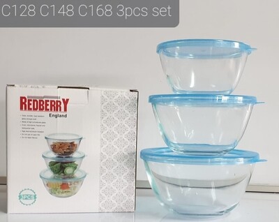 Redberry 3pcs glass casserole set with plastic lid. round. C128 C148 C168
