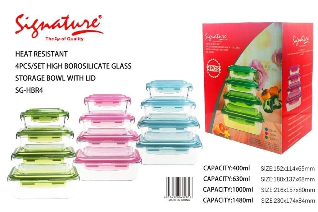Signature Borosilicate 4pcs Glass Lunch box with Lid - Set of 4 (400/630/1000/1480ml, Model: SG-HBR-04 PINK)