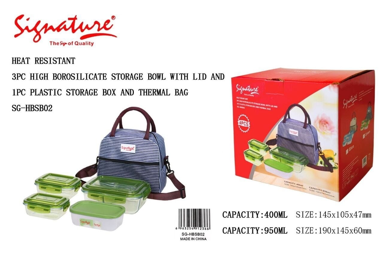 Signature Borosilicate 4pcs Lunch Box with Thermal Bag - 3x400ml + 950ml Storage Box (Model: SG-HBSB04)