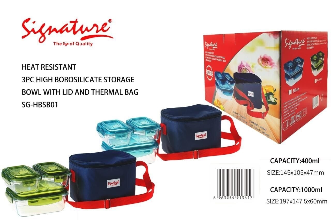 Signature Borosilicate Glass 3pcs Lunch Box with Lids and Thermal Bag - 100ml and 400ml x 2 (Model: SG-HBS-B01)