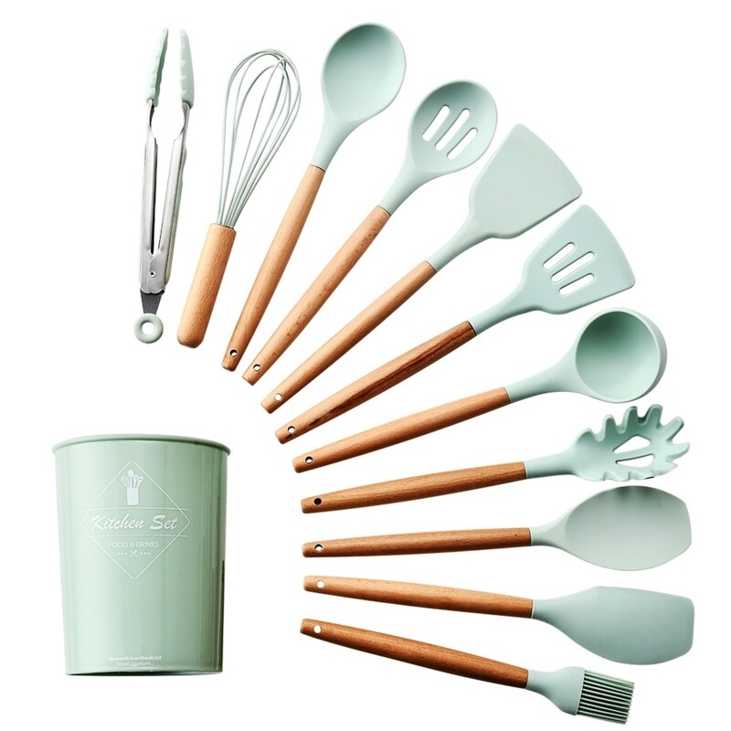 Silicon Wooden Handle Kitchen Accessories Set  MINT GREEN