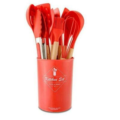 Silicon Wooden Handle Kitchen Accessories 12pcs Set RED