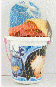 Beach toys set – 5pcs toys in printed bucket with net HG-301