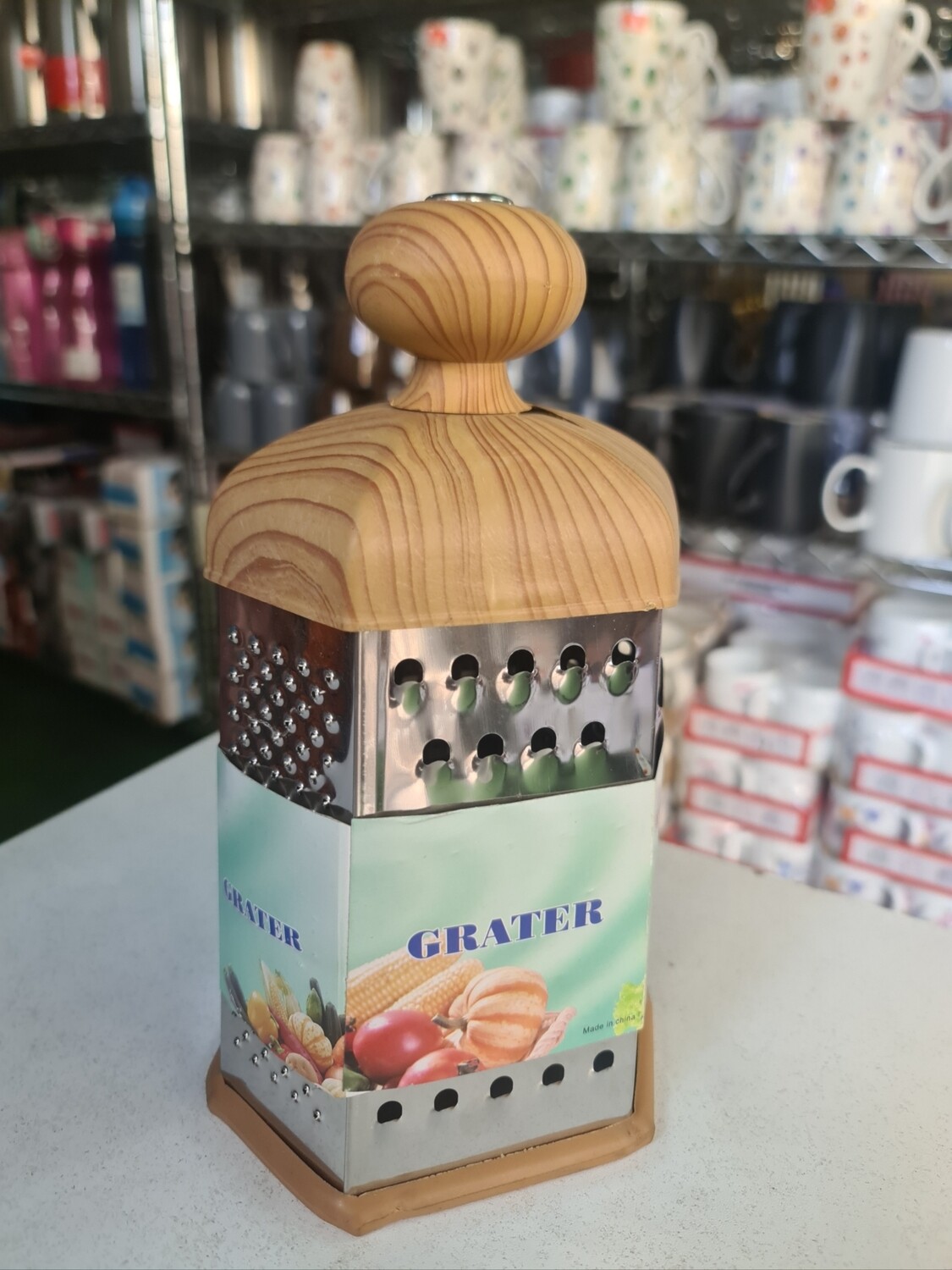 Colourful Kitchen Grater with wooden finish. standing grater
