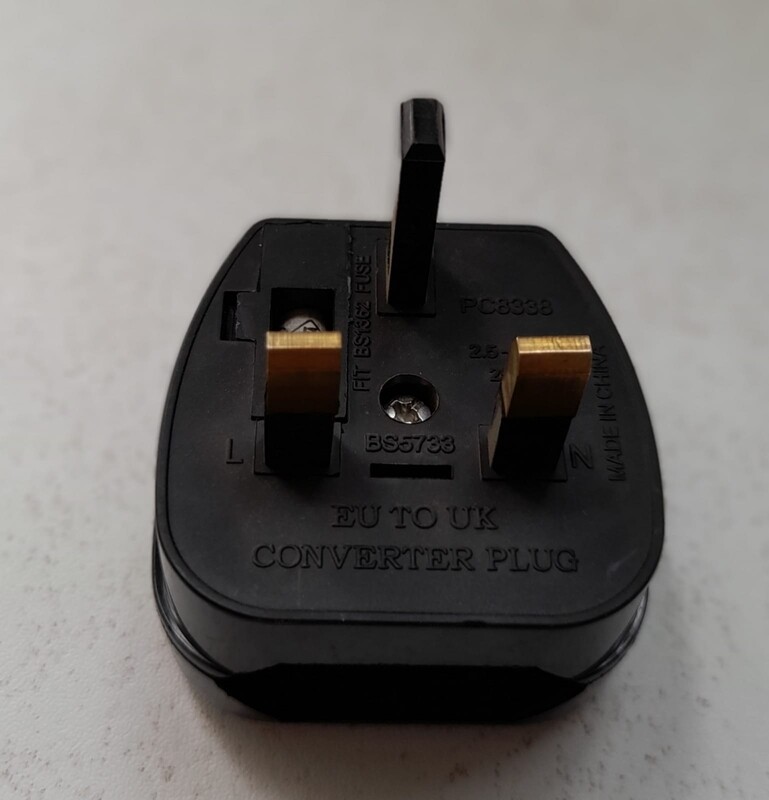 EU to UK Power Adapter Plug (Fused, Black) (#PC832A)