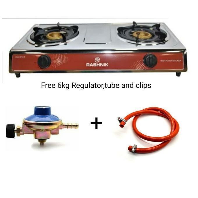 SSteel 2 Burner Gas Stove + Free 6kg Regulator, Pipe &amp; Clips